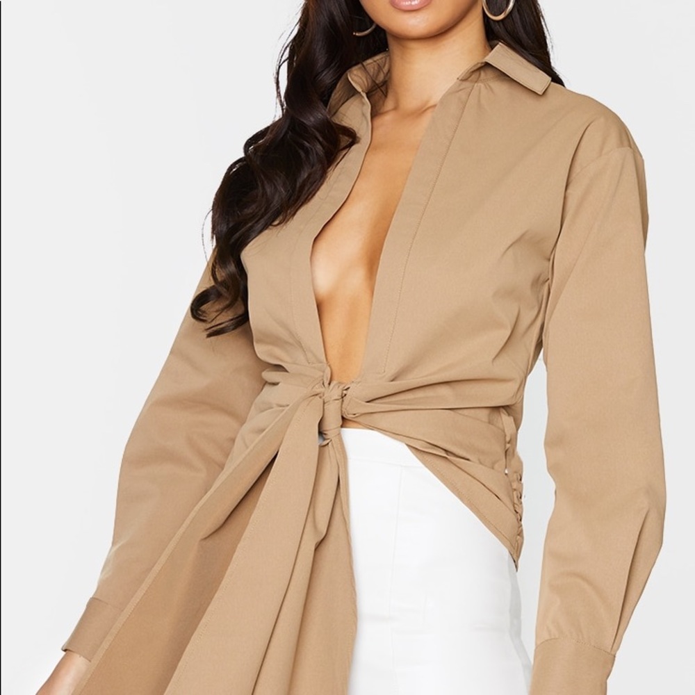 Camel Woven Ruched Tie Front Plunge Shirt